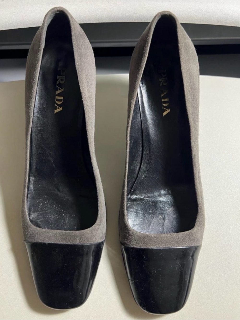 Prada Gray Suede Pumps with Black Patent Square Toe